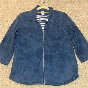 Chico's Blue Utility Jacket with Suede Texture + Striped Tee